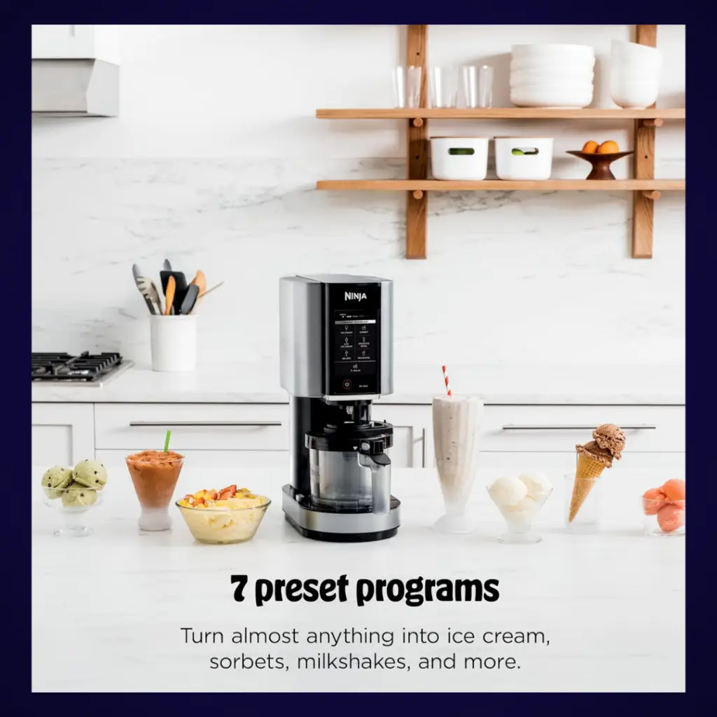 Ninja CREAMi NC301 ice cream maker on a kitchen counter making creamy homemade ice cream